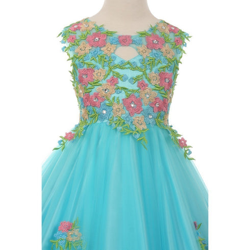 Little Girls Aqua Pink Floral Embroidered Lace Tulle Flower Girl Dress 4-6 - SophiasStyle.com